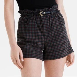 American Eagle Shorts Womens 8  blue Green Plaid Paperbag High Waist Pleated Mom